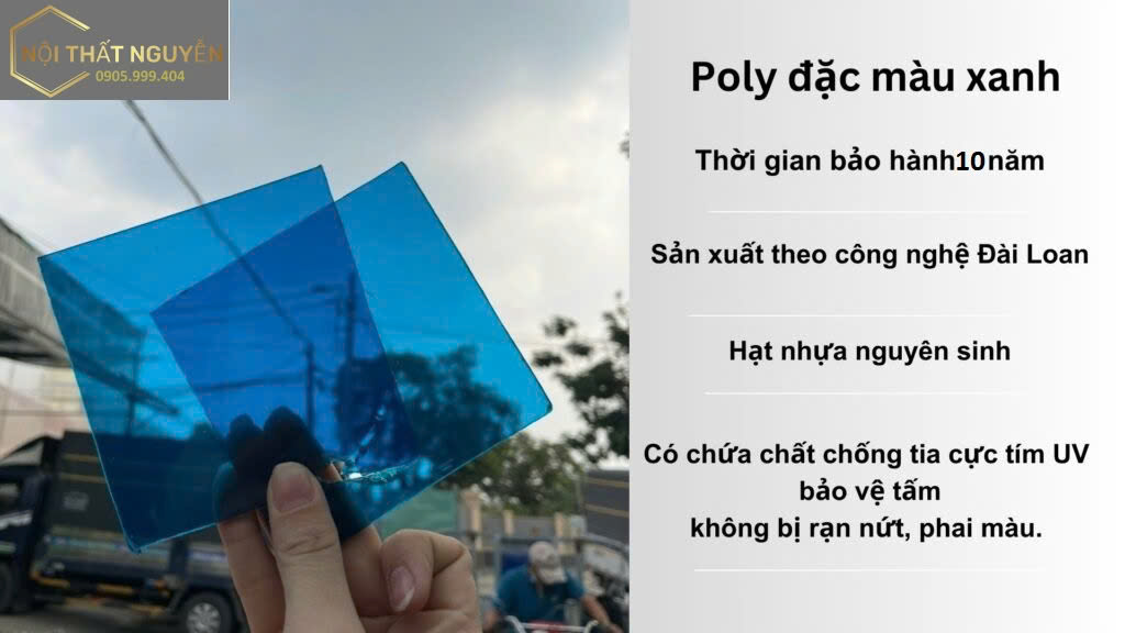Tấm Poly Màu Xanh 8–10mm là loại vật liệu lợp mái ngoài trời thuộc dòng cao cấp, có độ dày cao hơn các loại phổ thông (thường 4–6mm).